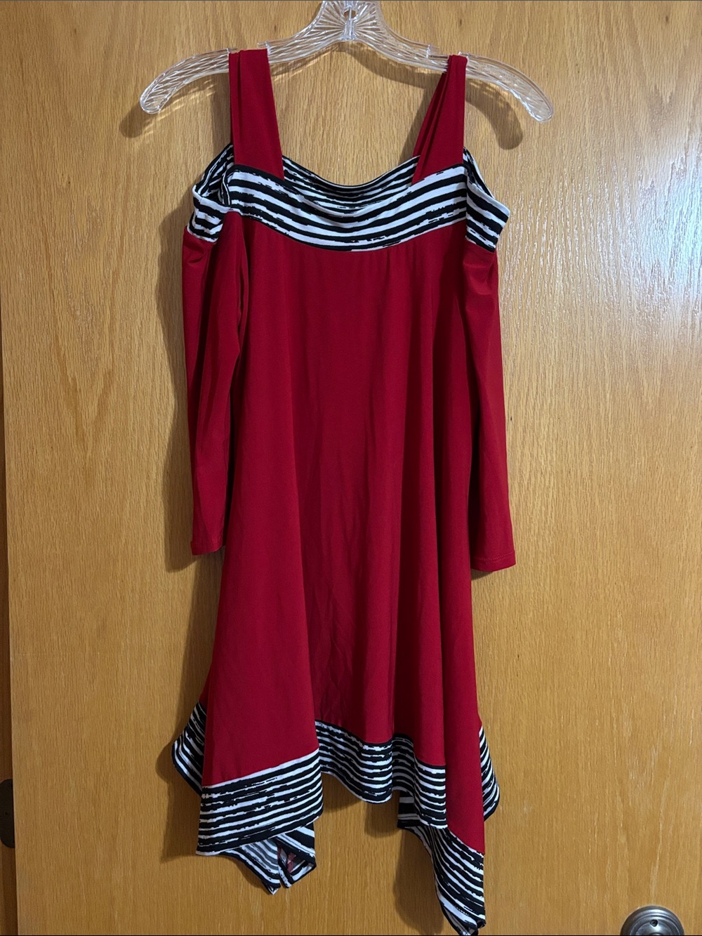 Women’s Red Off-Shoulder Tunic with Black & White Stripe Trim